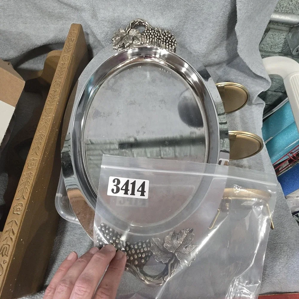 Vintage Towle Silversmiths Stainless Steel Serving Tray Oval Grape Vine Handles